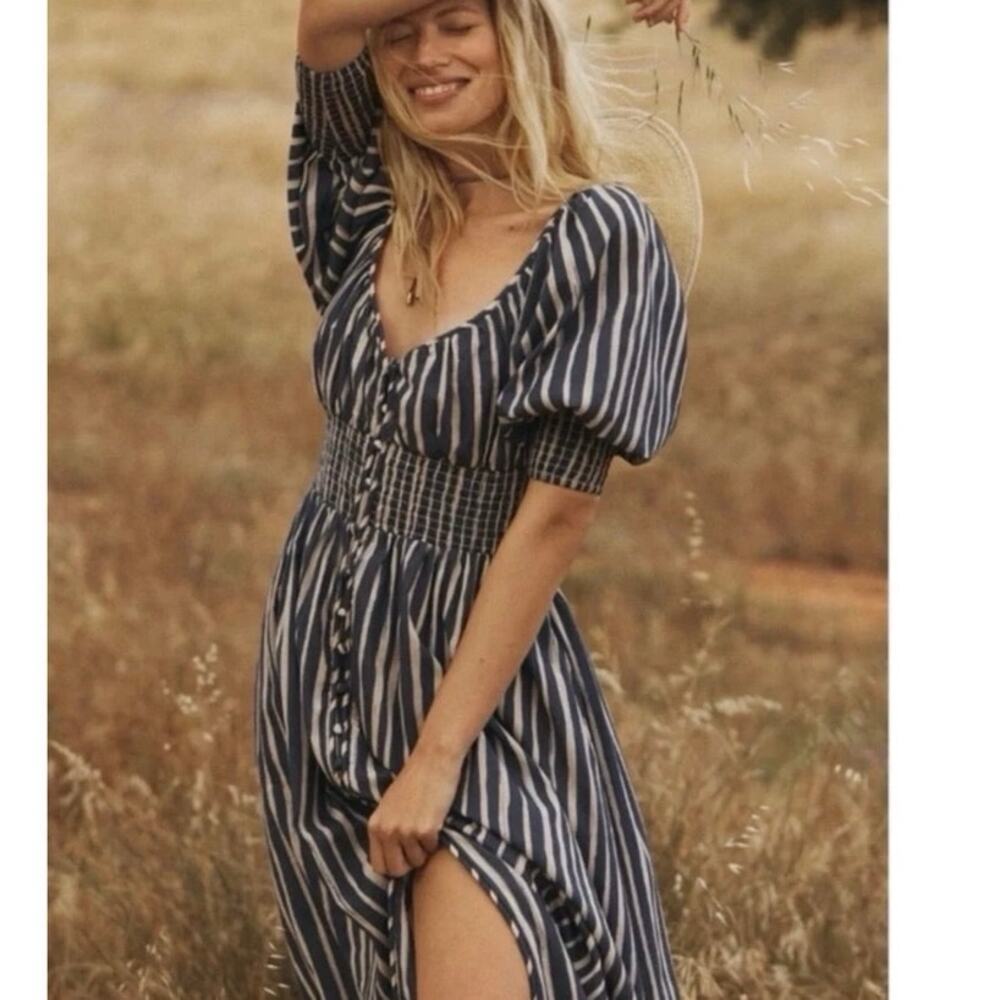 Anthro Striped Smocked Sweetheart Midi Dress M - Picture 1 of 8